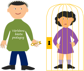 Illustration av Eva Svanström En elev i en låst bur och en pedagog som har en nyckel. På pedagogens tröja står det Världens bästa pedagog.